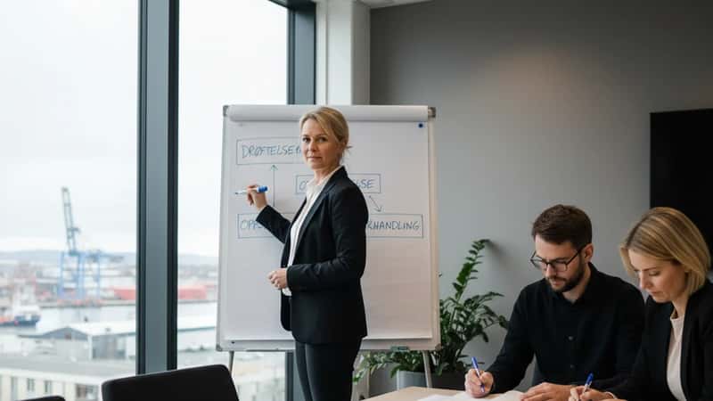 Tillitsvalgt i Stavanger tegner oppsigelsesprosessen under Industrioverenskomsten på whiteboard
