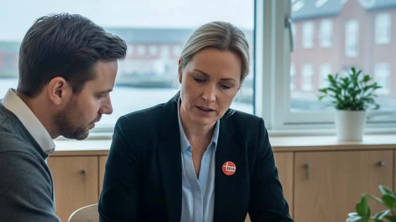 Dansk fagforeningsrepræsentant og statsansat gennemgår overtidsopgørelse på møde i Esbjerg i dæmpet kontorbelysning