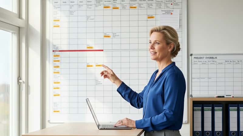 Dansk HR-chef i Randers peger på vagtplankalender i statslig administration i naturligt morgenlys