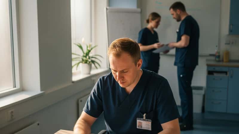 Dansk bioanalytiker gennemgår OK26 lønoversigte på et hospitalspersonalerum i Aarhus