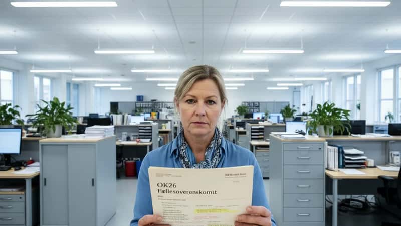 HR-chef på Odense Universitetshospital gennemgår OK26-overenskomstteksten ved stående skrivebord