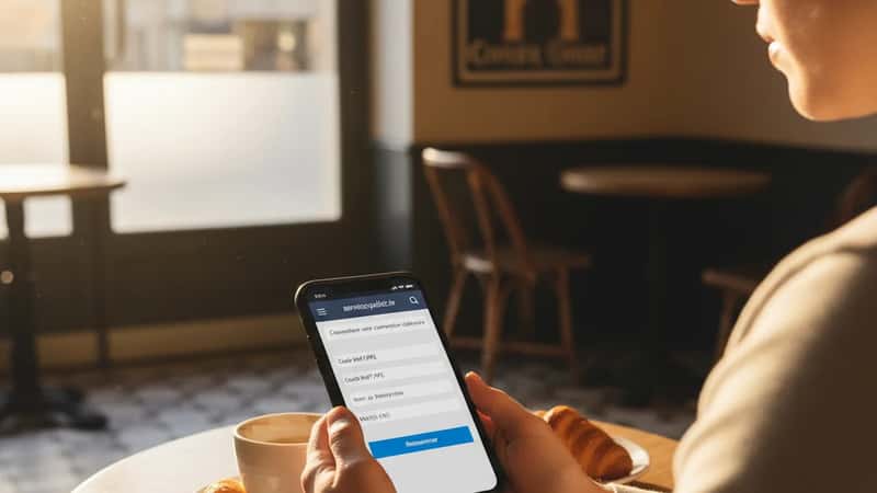 Salarié consultant service-public.fr sur son smartphone dans un café à Bordeaux pour trouver sa convention collective