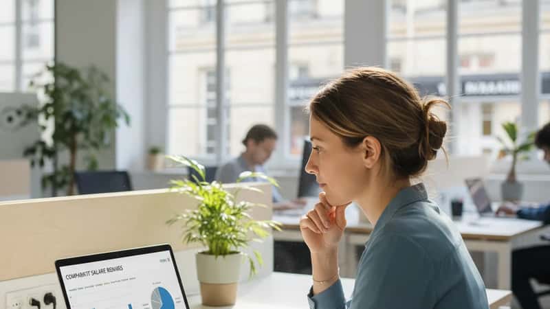 Candidate française comparant les données salariales affichées dans une offre d'emploi avec les benchmarks sectoriels sur son écran d'ordinateur