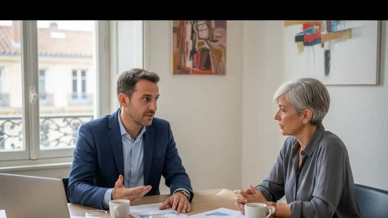 Salarié et responsable RH en entretien de négociation salariale, documents de données comparatives posés sur la table entre eux