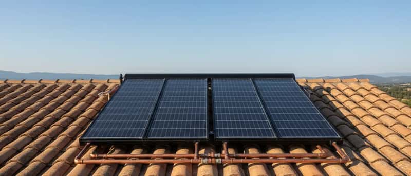 Capteurs solaires thermiques installés sur un toit en tuiles dans le sud de la France, tuyaux en cuivre visibles sous un ciel dégagé