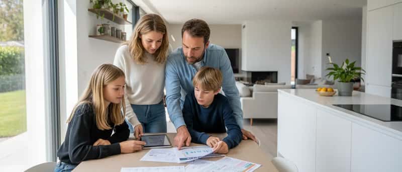 Famille française examinant des documents de performance énergétique à une table de cuisine dans un intérieur moderne