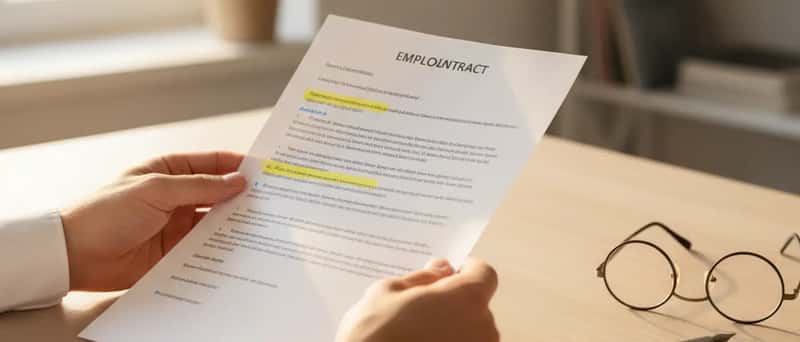 Hände prüfen einen deutschen Arbeitsvertrag mit markierten Klauseln auf einem Schreibtisch