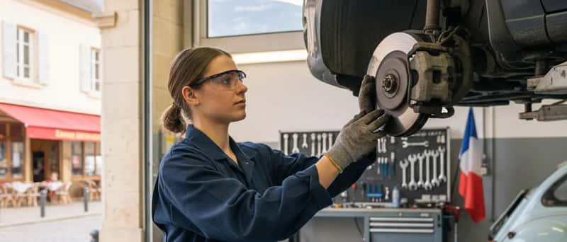 Nederlandse monteur inspecteert remblokken van een auto op een hydraulische brug in een werkplaats