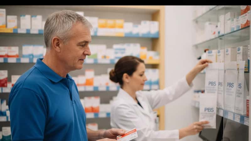 A Medicare card holder at a Melbourne outer suburb pharmacy counter collecting a PBS prescription at reduced cost under the 2026-27 concession co-payment freeze