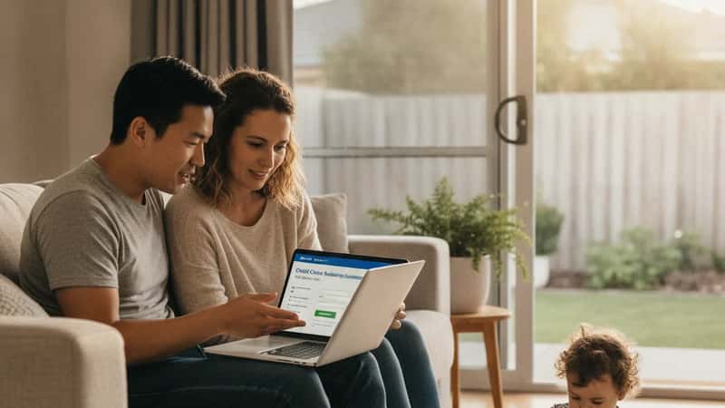 A young Brisbane couple reviewing their Child Care Subsidy entitlements on a myGov laptop, their toddler playing nearby in the afternoon light of their suburban living room