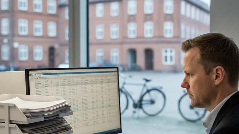 HR-medarbejder i Aarhus gennemgår løntabel og overenskomstdokumenter på arbejdsplads