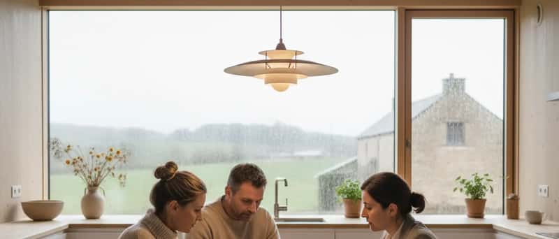 Norsk par gjennomgår energirapport med rådgiver ved kjøkkenbordet