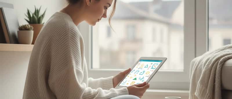Schülerin nutzt eine Lernapp auf dem Tablet mit Matheaufgaben am Schreibtisch