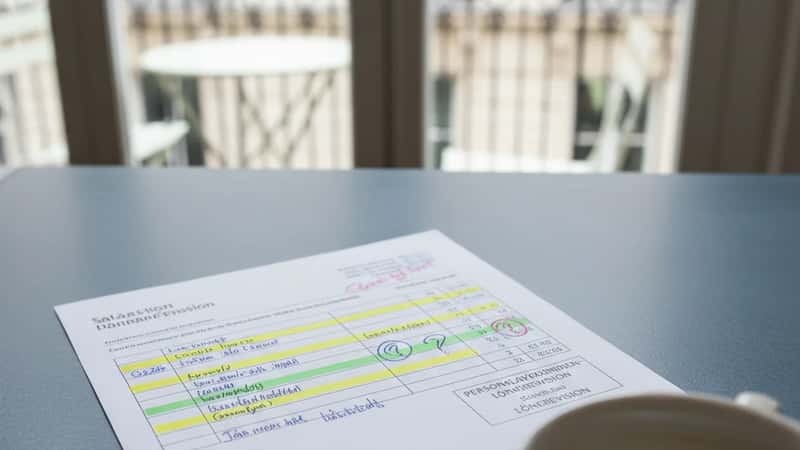 Närbild av ett statligt lönerevisionsdokument med markerade rader och handskrivna kommentarer på ett blågråt skrivbord
