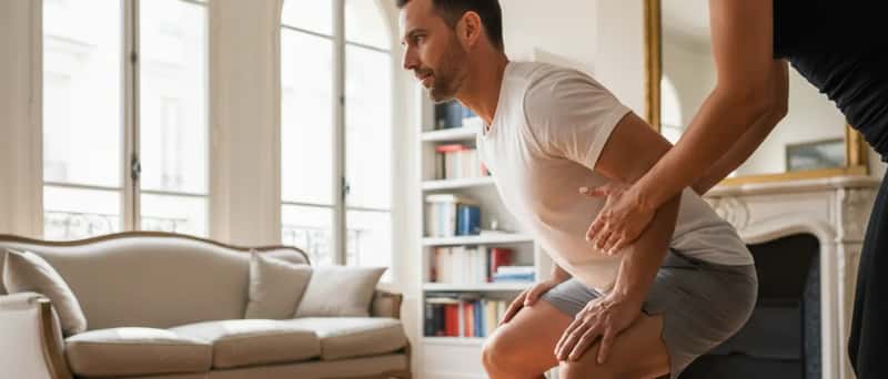 Coach sportif corrigeant la posture d'une cliente pendant un squat dans un salon parisien