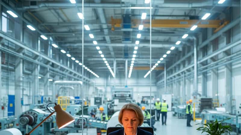 HR-asiantuntija tarkastelee paperiteollisuuden TES-dokumenttia paperitehtaan toimistossa Äänekoskella