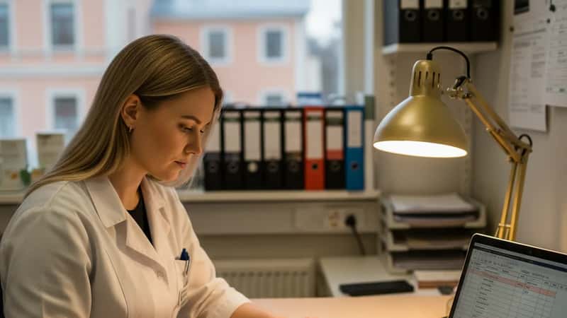 Farmaseutti ylläpitää työtuntikirjanpitoa apteekissa Tampereella