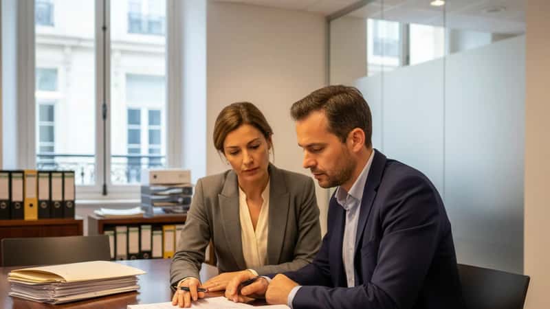 Conseiller bancaire français examinant des documents de convention collective dans un bureau professionnel à Lyon