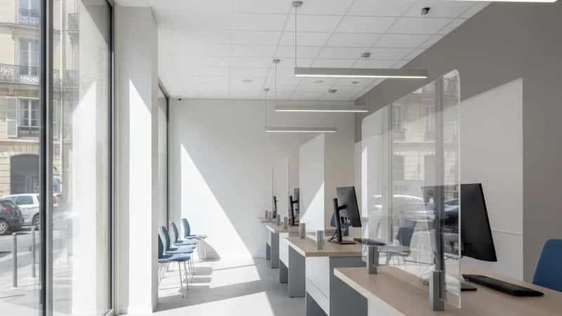 Intérieur moderne d'une agence bancaire française avec bureaux organisés et lumière naturelle