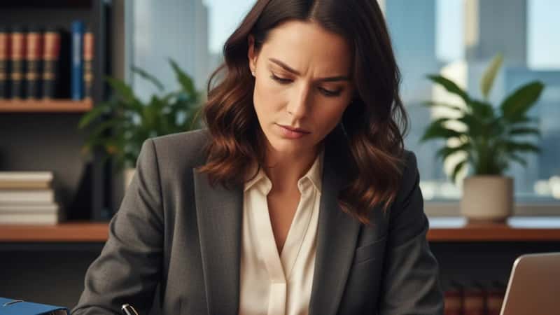 Australian woman signing a legal contract at a Brisbane law firm desk, pen mid-signature, legal files visible in background