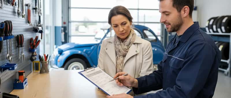 Mécanicien expliquant un devis de réparation à un client au comptoir d'un garage automobile français