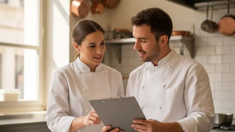 Deux artisans pâtissiers en uniforme blanc discutent d'un contrat de travail dans la cuisine d'une pâtisserie lyonnaise