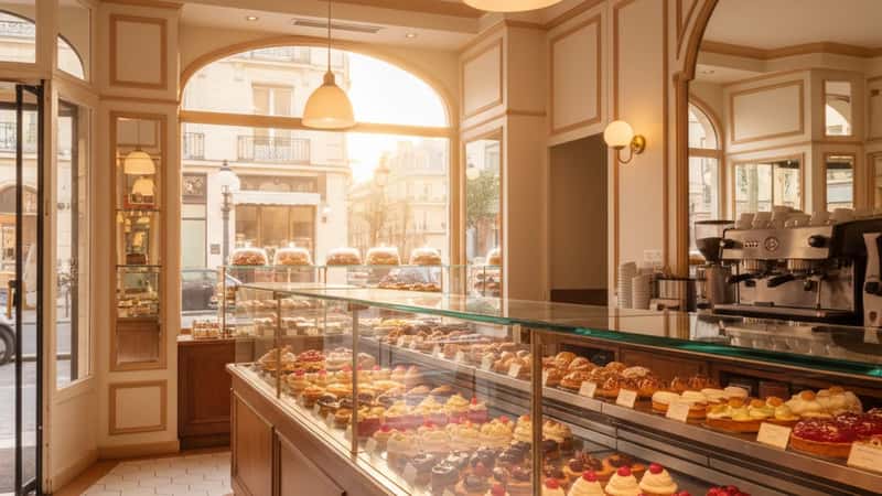 Vitrine d'une pâtisserie artisanale française avant l'ouverture, présentoirs en verre remplis de macarons et de viennoiseries à la lumière dorée du matin
