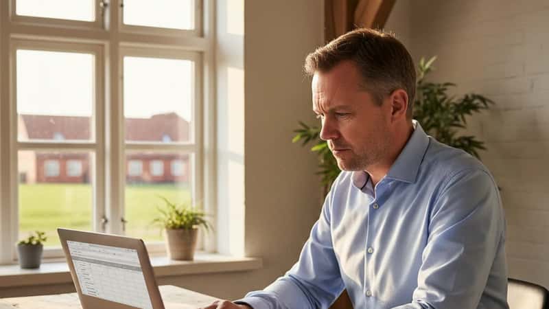 HR-chef gennemgår digital arbejdstidsplan på laptop på gårdskontor i Roskilde