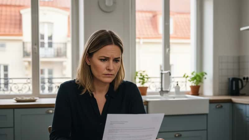Statlig anställd granskar uppsägningsbesked hemma i Malmö: eftertänksam blick på officiellt dokument med telefon redo, eftermiddagsljus