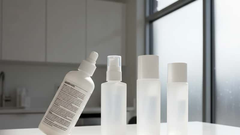Skincare product bottles arranged on a white clinical surface in a Portland, Oregon dermatology office, one bottle showing its ingredient list label under soft Pacific Northwest daylight