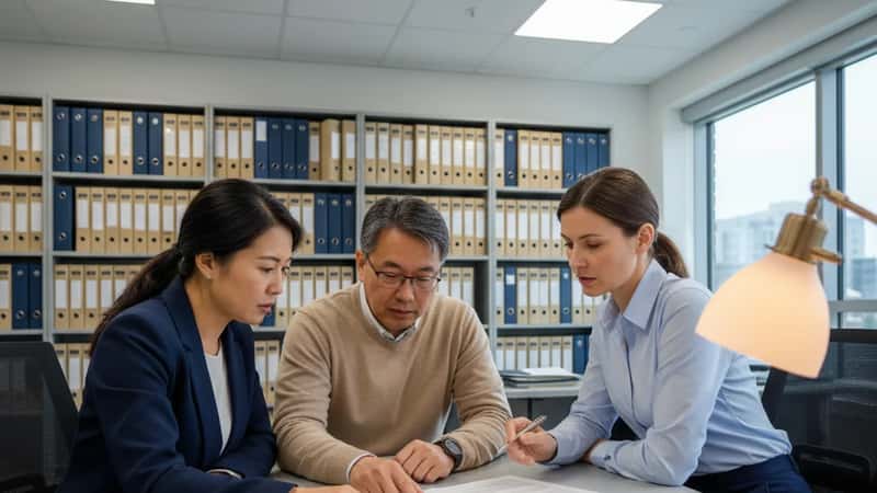 An East Asian Canadian couple reviewing a rental lease agreement with a property manager in a Calgary rental office, leaning over a desk in a professional consultation setting