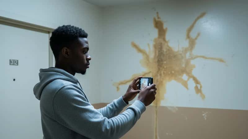 A young Black Canadian man in a grey hoodie photographing water damage on an apartment corridor wall in Winnipeg, documenting a repair issue for a formal landlord complaint