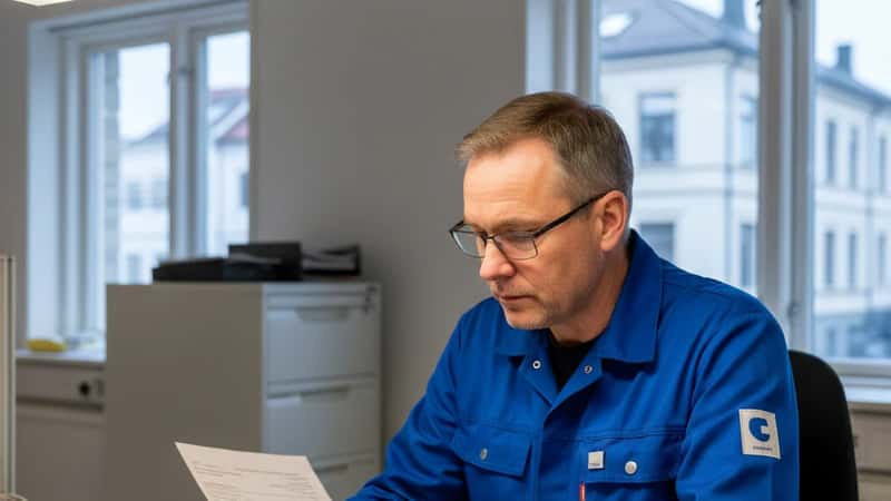 Norsk elektriker i Trondheim sitter ved et skrivebord og sammenligner lønnsslipp med tariffavtale