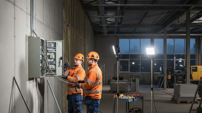 To norske elektrikere i Trondheim arbeider på en elektrisk installasjon sent på kvelden med bærbare arbeidslamper