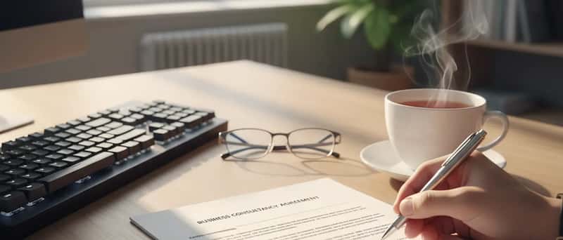 Business contract on a desk next to a keyboard and cup of tea in a British office