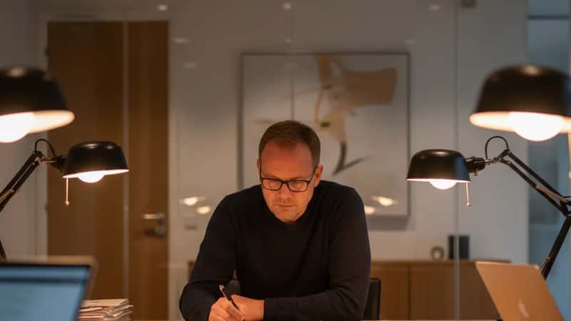 IT-ingeniør i Aarhus annoterer en overenskomstaftale ved et konferencebord med dokumenter og laptop