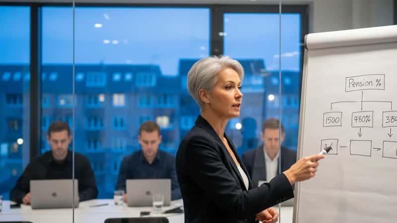 HR-chef i Aarhus skitserer organisationsdiagram med pensionssatser på whiteboard i glaskontor