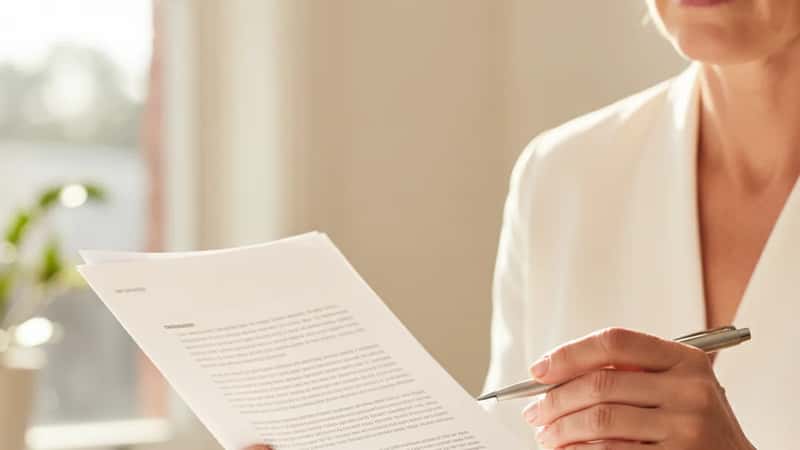 An Anglo-Australian woman in a suburban Sydney office reviews a Statement of Advice document, pen in hand, natural window light, careful scrutiny of financial advice documentation