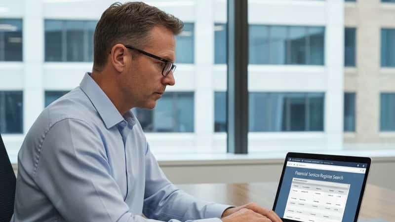 An Anglo-Australian man in Melbourne CBD verifies a financial adviser's credentials on a laptop showing the ASIC register, focused expression, neutral office lighting