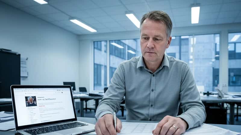 HR-leder i Stavanger gjennomgår lønnsskala og tariffatser for renholdere med dokument og laptop på skrivebordet