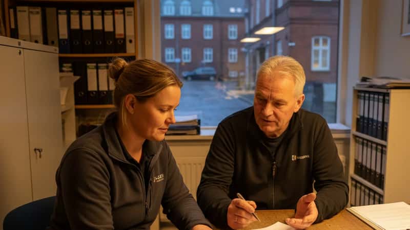 Renholder og fagforeningsrepresentant i et arbeidskontor i Trondheim gjennomgår tariffavtale og pensjonsrettigheter