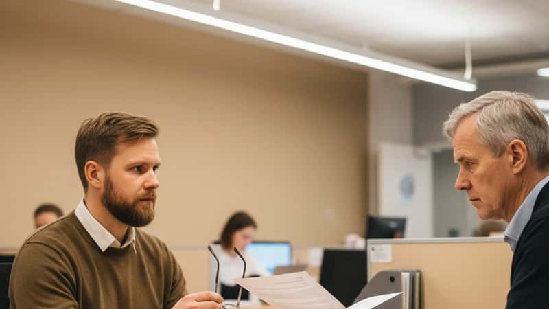 Helsingissä sosiaalialan ammattilainen tarkistaa työsuhteen päättymiseen liittyviä asiakirjoja — irtisanomissuoja TES 2025-2027