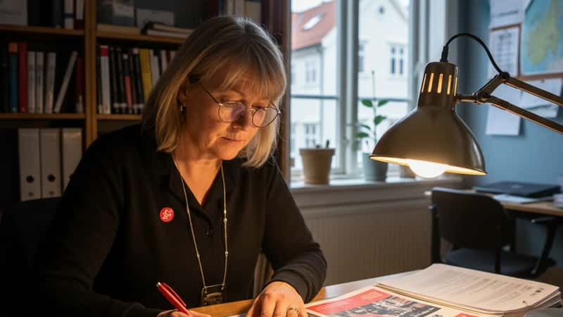 Norsk tillitsvalgt annoterer lønntabell fra KS tariffavtale i fagforeningskontor i Trondheim