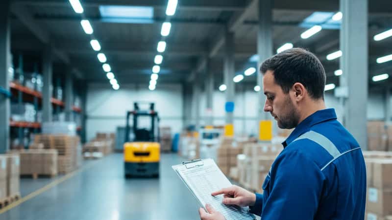 Logistikarbetare i Uppsala lager granskar tariffschema på clipboard under fluorescerande belysning med truck i bakgrunden