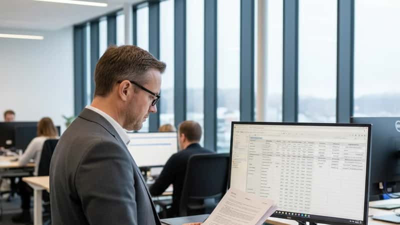 Norsk HR-direktør gjennomgår en tariffavtale ved en stående pult i et kommunalt kontorlandskap i Bergen