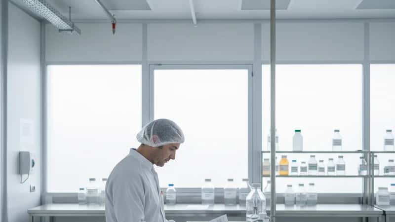 Operaio farmaceutico in abbigliamento da camera bianca revisiona i registri di produzione presso una scrivania in un'area di produzione sterile a Torino