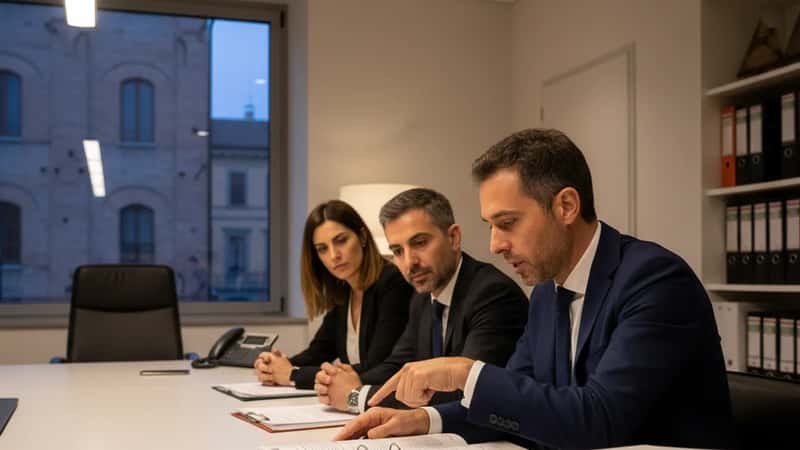 Tre professionisti HR e un giuslavorista riuniti attorno a un tavolo conferenze in una sala riunioni di un'azienda farmaceutica a Bologna, esaminano il testo di un contratto collettivo