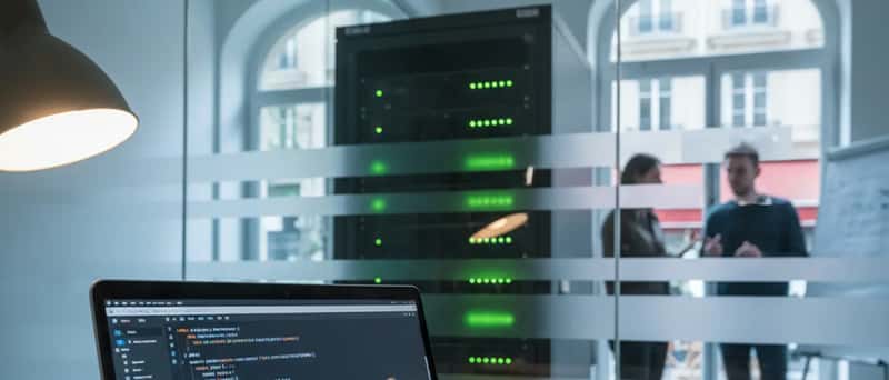 Nærmynd af höndum á lyklaborði með forritunarkóða á skjá í nútímalegri íslensku tækniskrifstofu