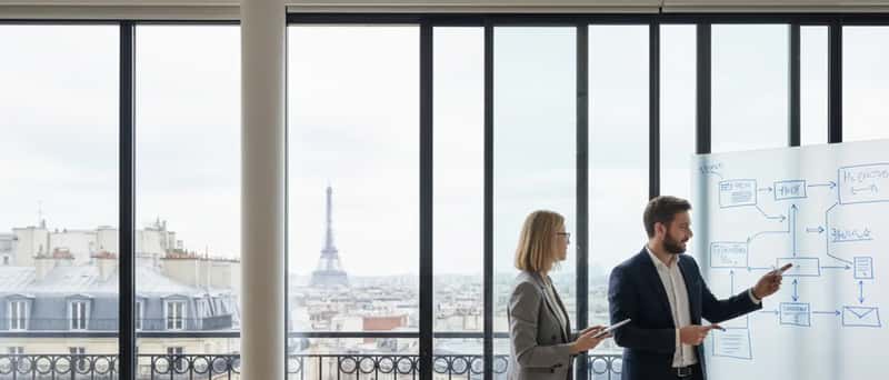 Tveir íslenskir sérfræðingar ræða tæknilausnir við töflu í fundarherbergi í Reykjavík