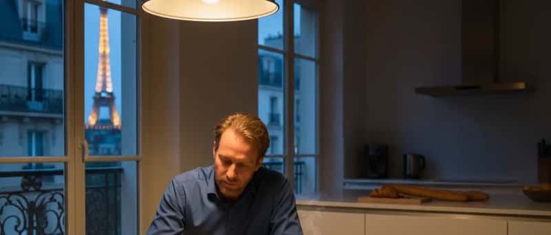 Deutscher Berufstätiger lernt abends am Küchentisch mit IELTS-Vorbereitungsbuch und Kaffeetasse